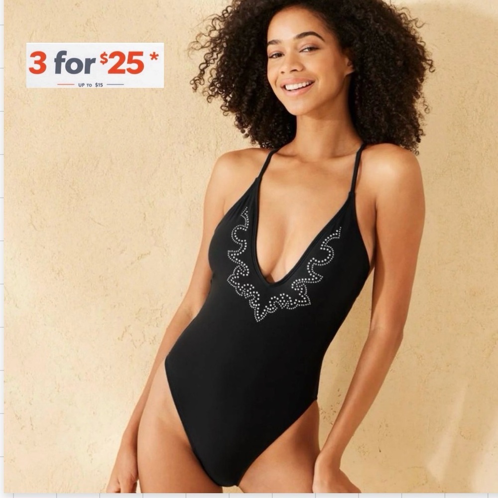 Black Studded Extra High Leg Extra Cheeky One Piece Swimsuit